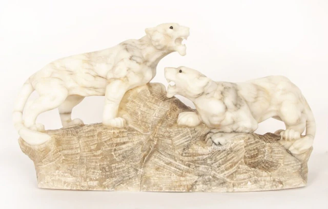 Antique Art Deco Alabaster Sculpture of a Pair of Lioness C1920