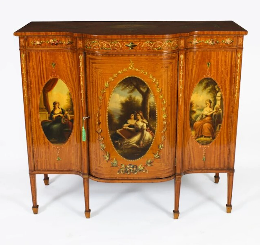 Antique Victorian Floral Painted Satin wood Cabinet Sideboard 19th C