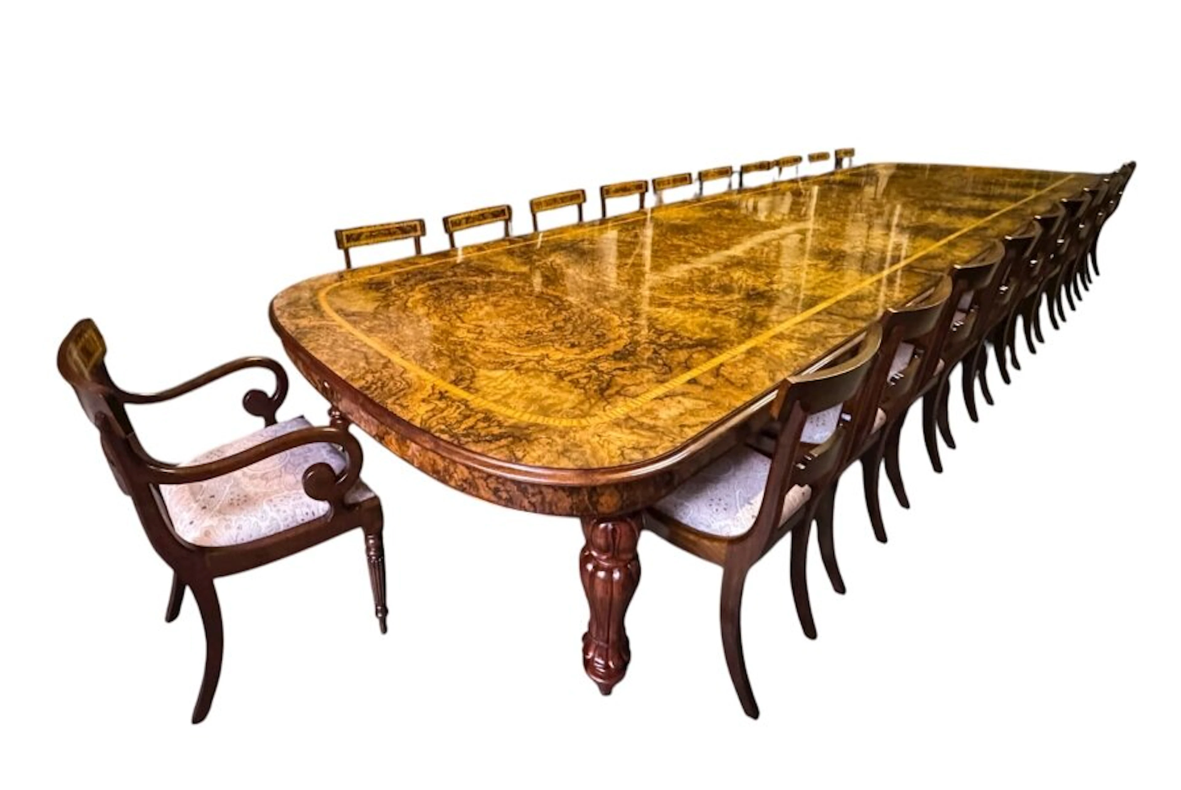 Huge Bespoke 22ft Burr Walnut & Crossbanded Dining Table & 22 chairs