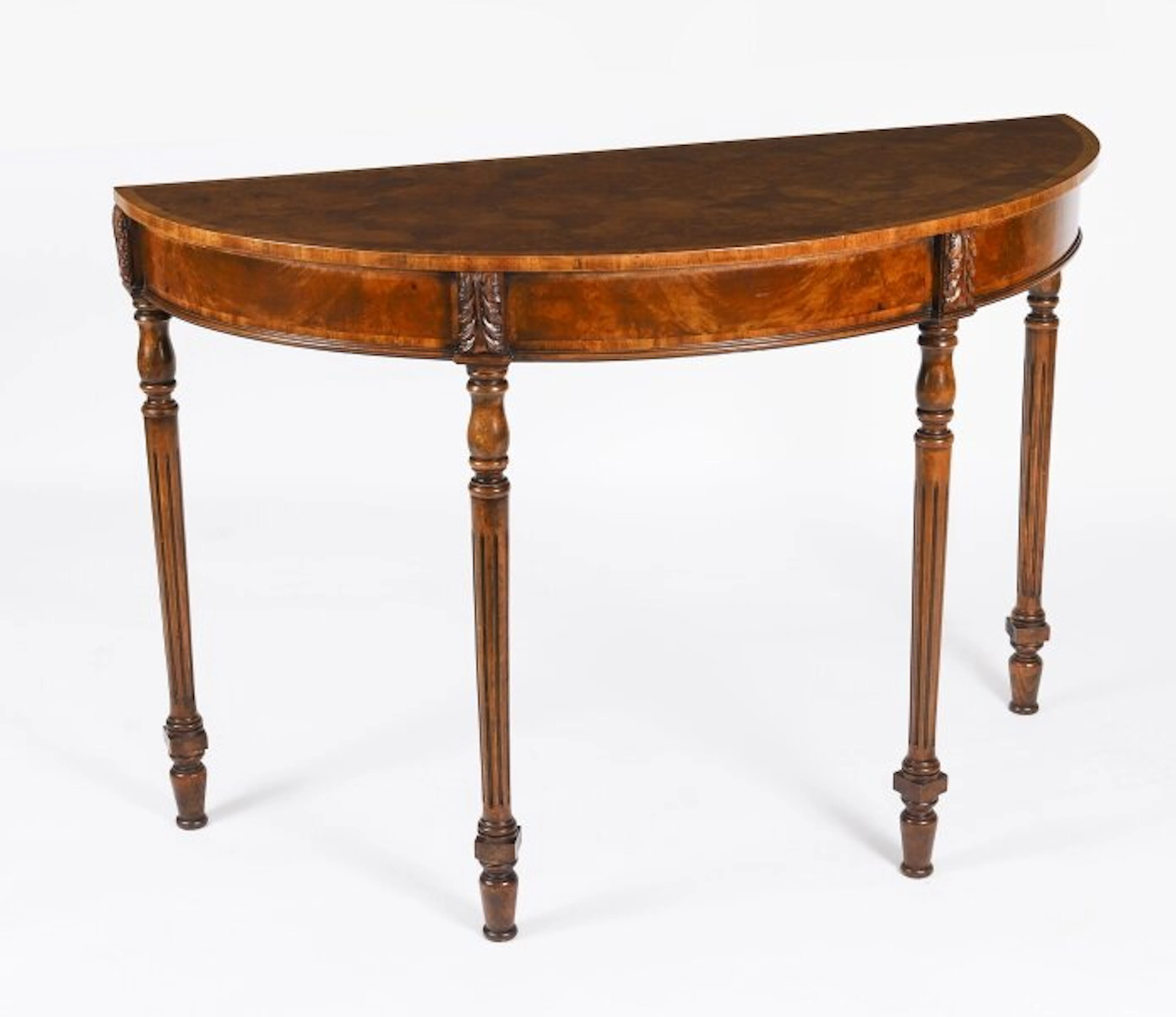 Vintage English Burr Walnut Parquetry Console Table Mid 20th Century