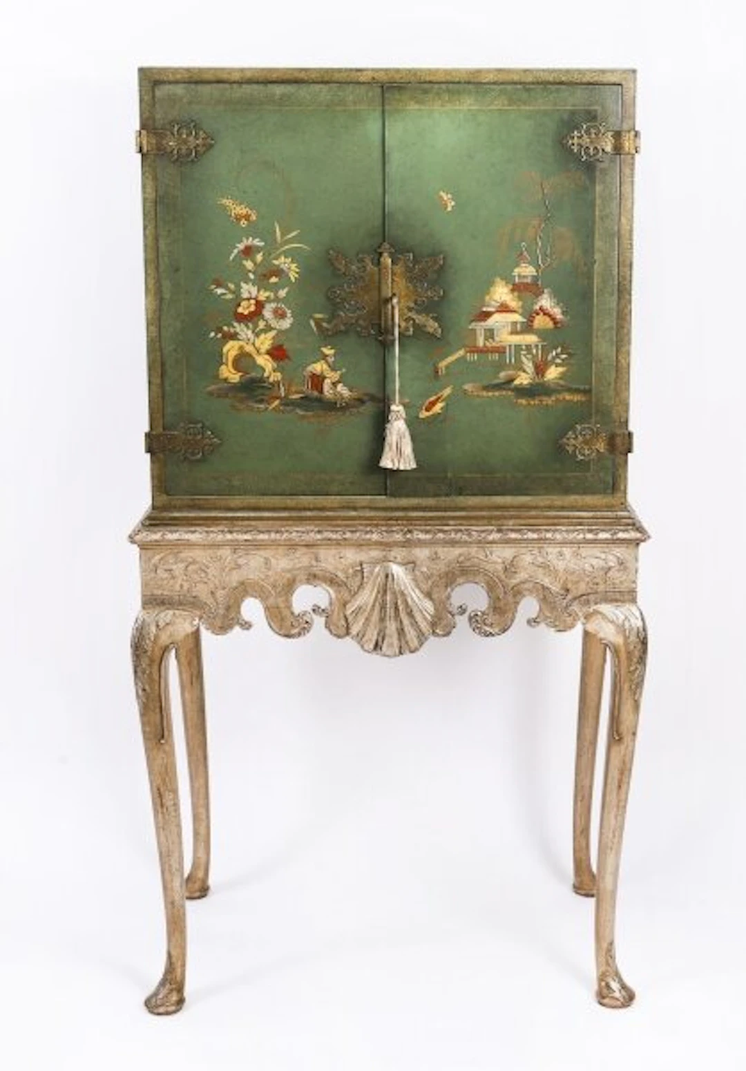 Antique Harrods Green Lacquered Cocktail Cabinet on Stand Mid 20th C