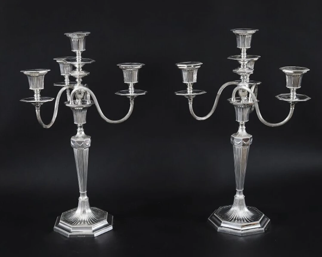 Antique Pair Silver Plated 4 Light Candelabra Hawksworth Eyre 19thC