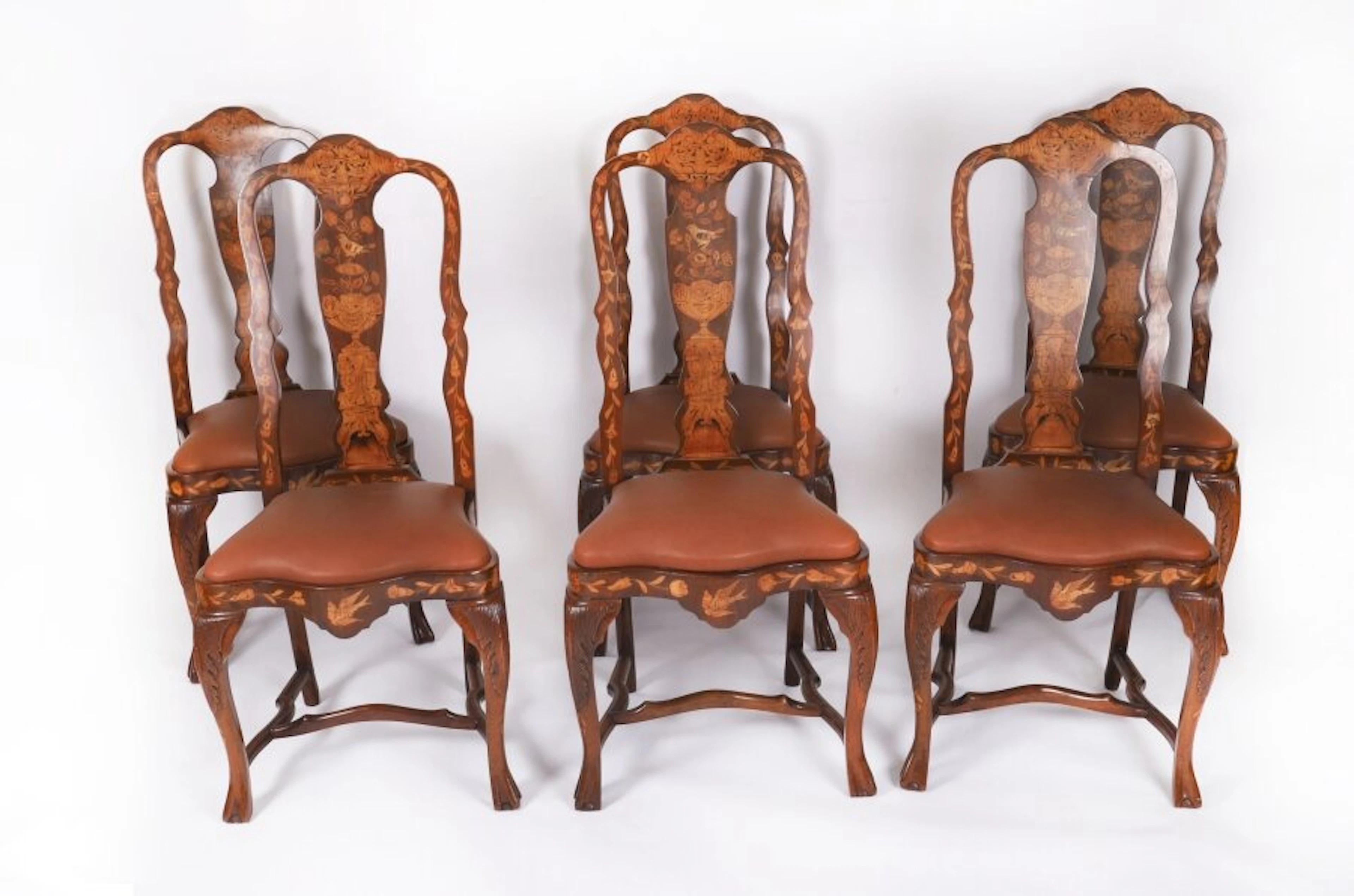 Antique Set 6 Dutch Marquetry Walnut High Back Dining Chairs Late 18th C