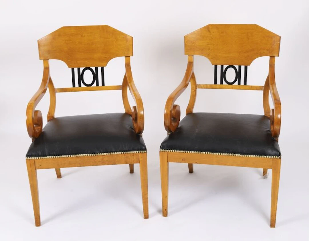 Antique Pair Swedish Biedermeier Birchwood Ebonized Armchairs 19th Century