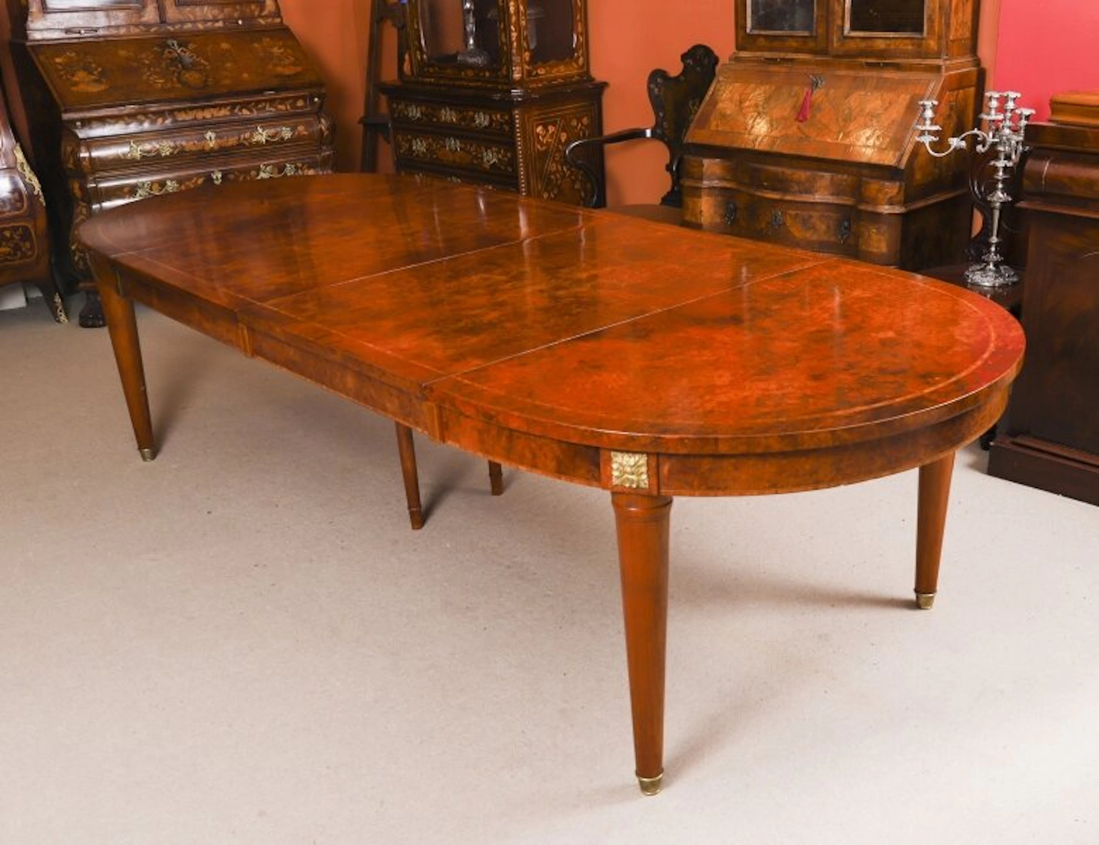 Vintage 9ft French Empire Revival Burr Walnut Dining Table 20th Century