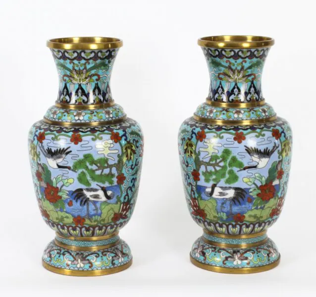Vintage Pair of Chinese Cloisonné Enamelled Vases 20th C