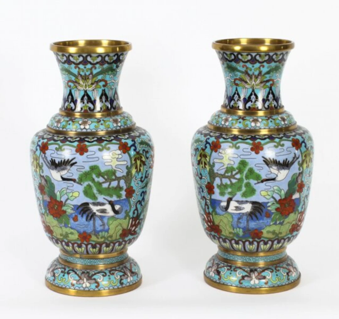 Vintage Pair of Chinese Cloisonné Enamelled Vases 20th C