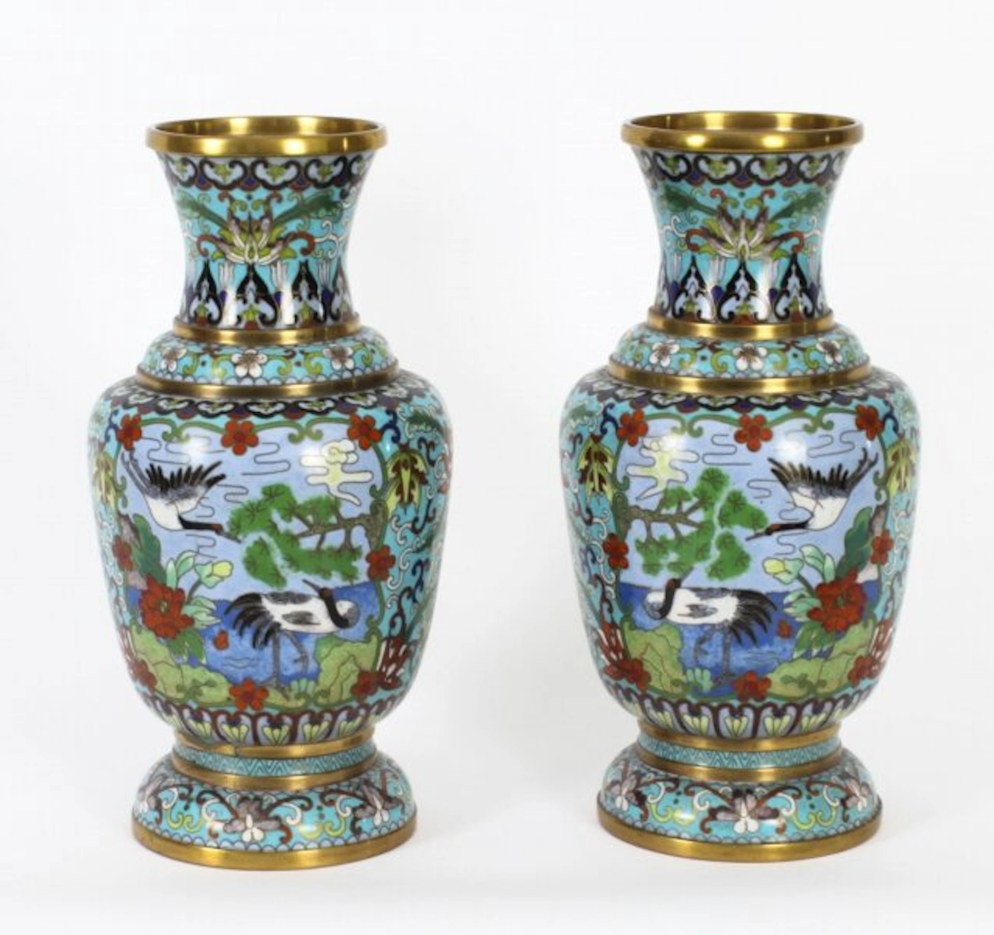 Vintage Pair of Chinese Cloisonné Enamelled Vases 20th C