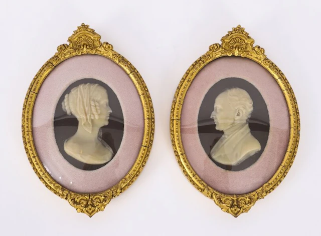 Antique Pair of Framed Wax Portrait Reliefs of Mr and Mrs W H Blaauw 19th C