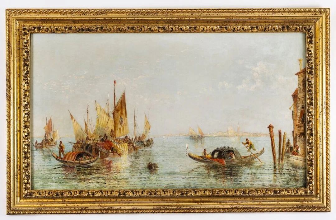 Antique Oil Painting "The Lagoon Venice" Jane Vivian 19th C