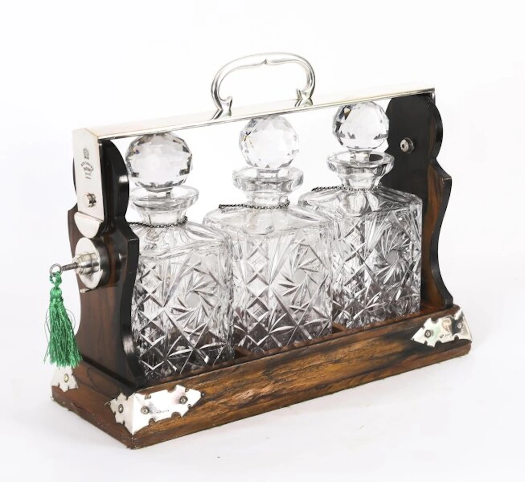 Antique Betjemann’s Coromandel 3 Crystal Decanter Tantalus Silver