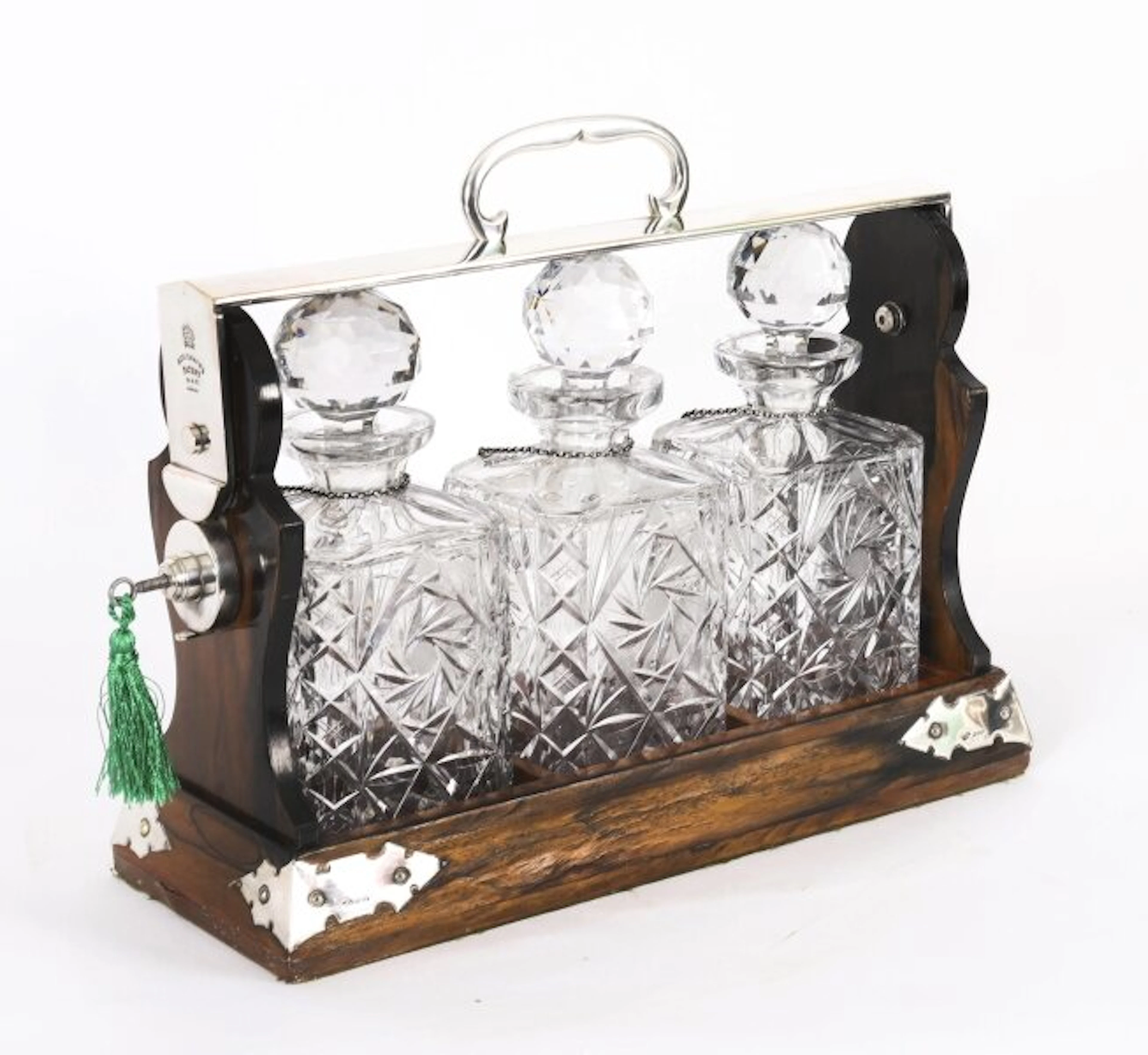 Antique Betjemann’s Coromandel 3 Crystal Decanter Tantalus Silver