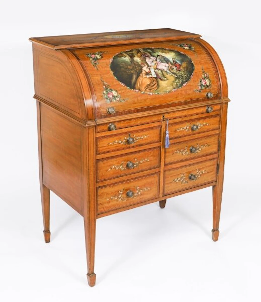 Antique English Late Victorian Sheraton Revival Satin wood Bureau c.1890