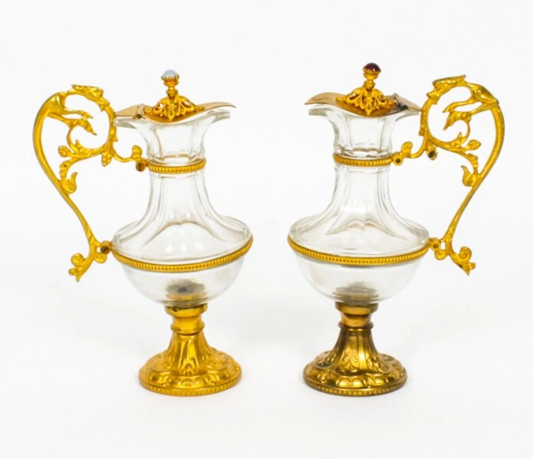 Antique Pair of French Ormolu & Glass Ewers 19th Century