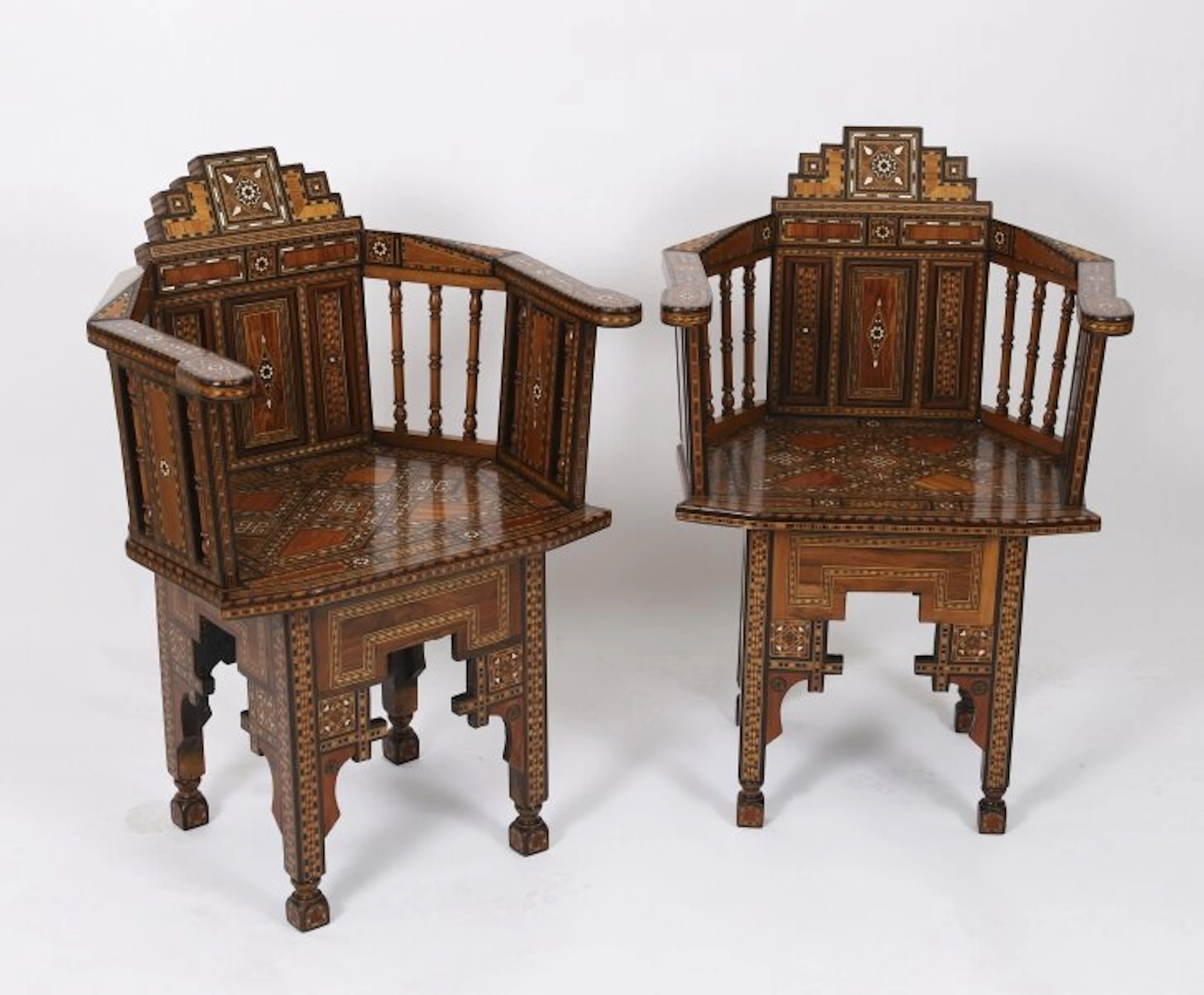 Antique Pair Levantine Parquetry Inlaid armchairs 19th C