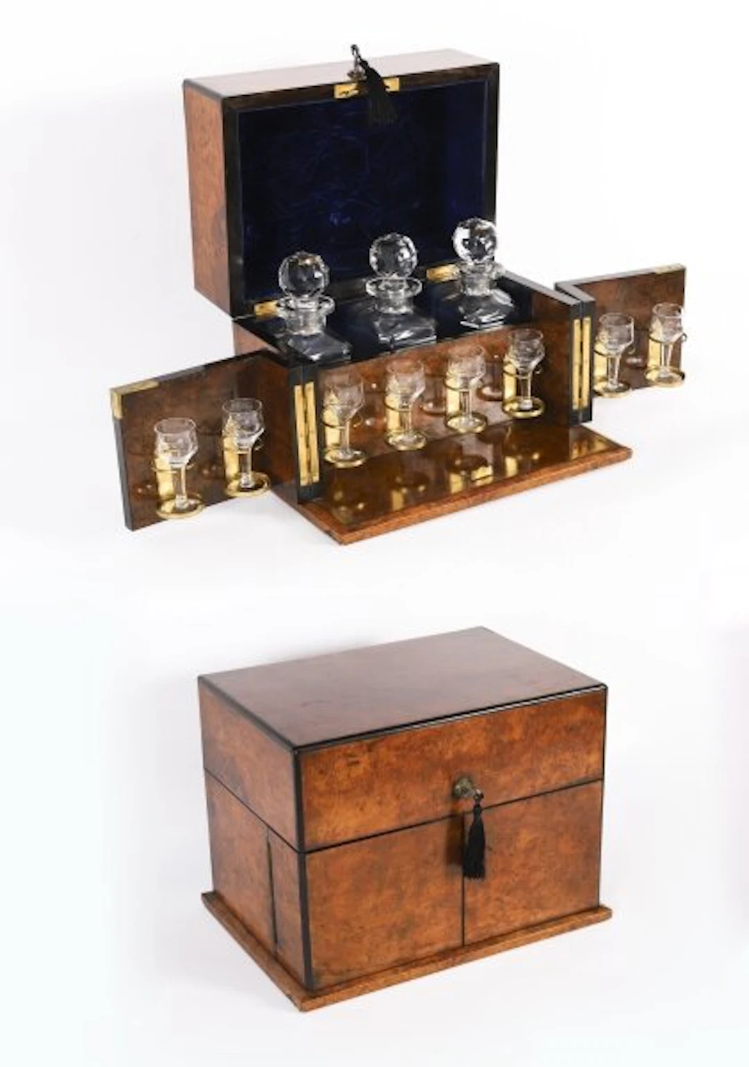 Antique Victorian Burr Walnut 3 Crystal Decanter Tantalus Dry Bar 19th C