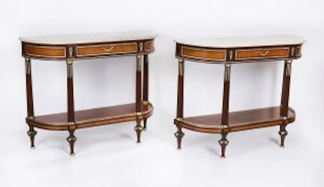Antique Pair French Ormolu Mounted Carrara Marble Topped Console Tables 19th C