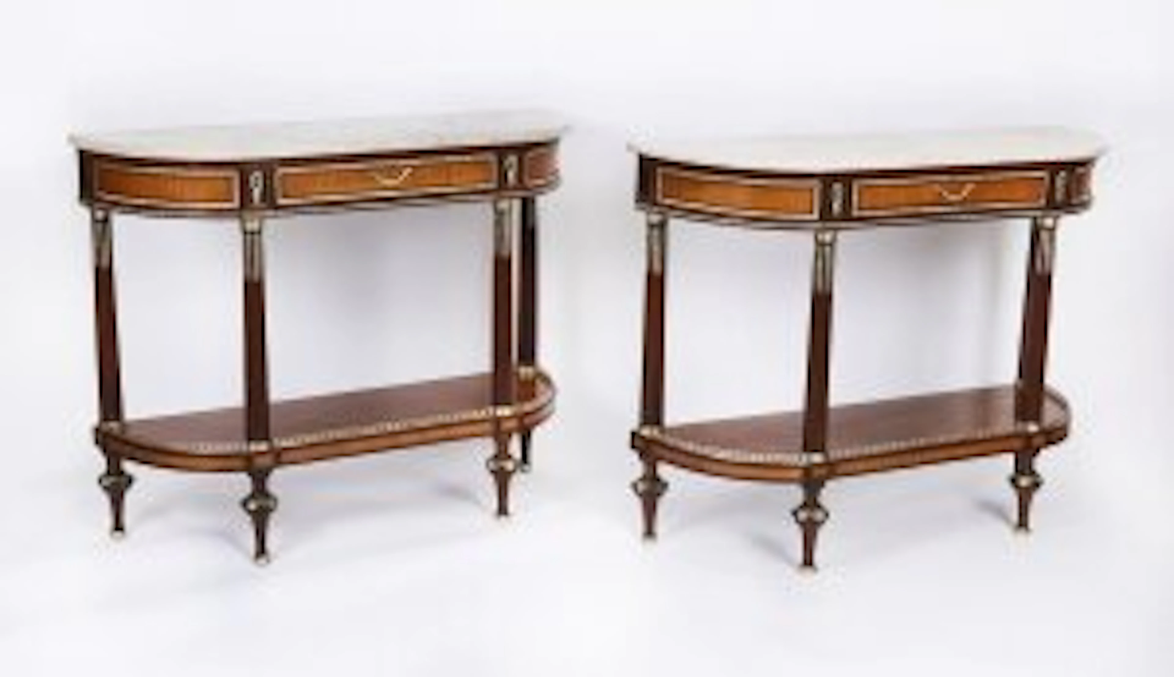 Antique Pair French Ormolu Mounted Carrara Marble Topped Console Tables 19th C