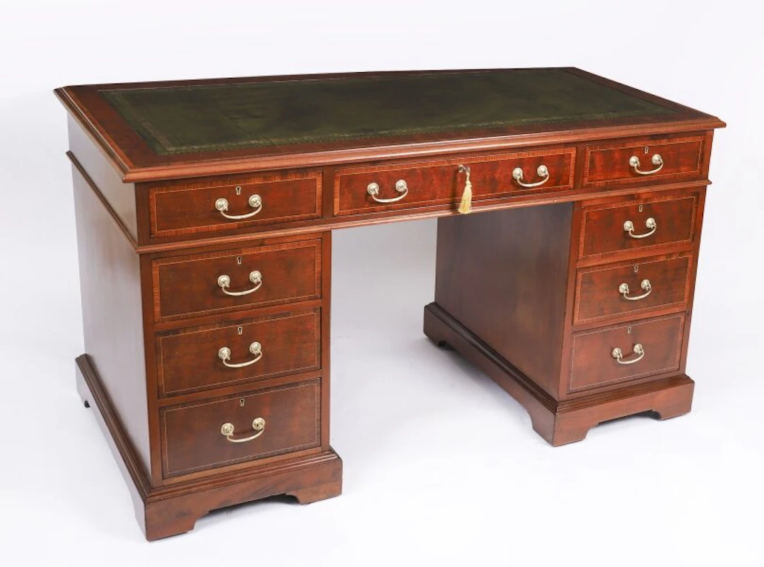 Antique Victorian Crossbanded & Inlaid Flame Mahogany Pedestal Desk 19th C
