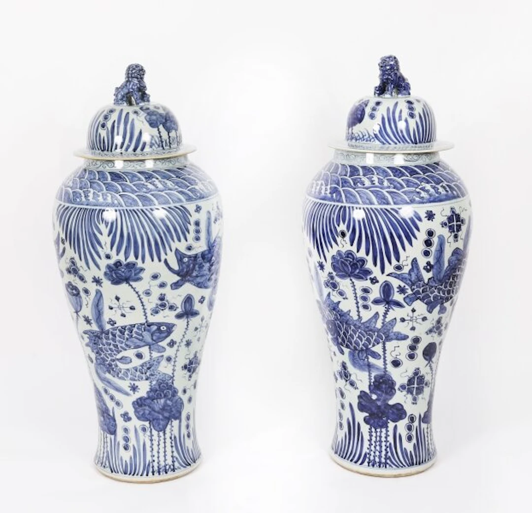Antique Pair Japanese Kangxi Blue & White Arita Porcelain Temple Lidded Vases