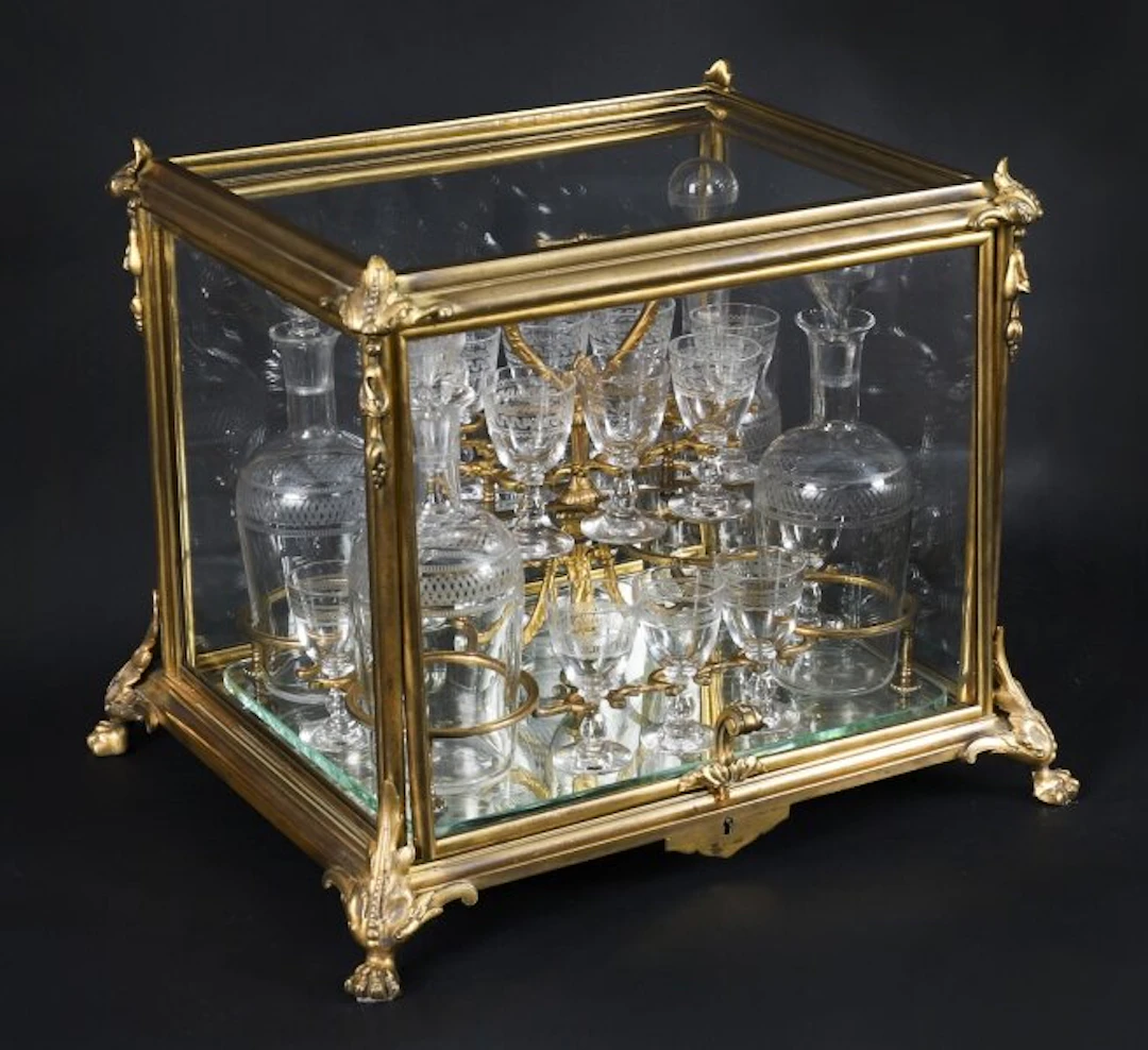 Antique French Bacarrat Ormolu & Glass Tantalus Cave a Liqueur 19th C