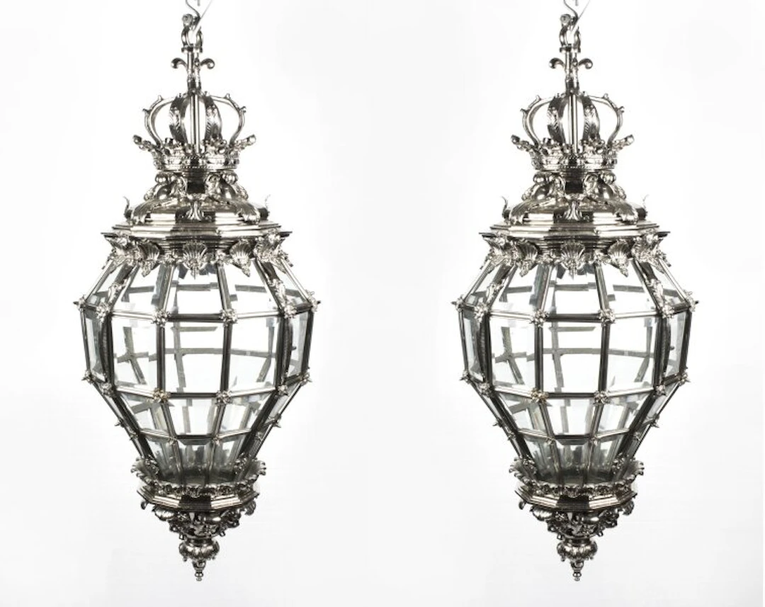 Vintage Pair Versailles Silver Bronze Diamond Baluster Lanterns 20th C