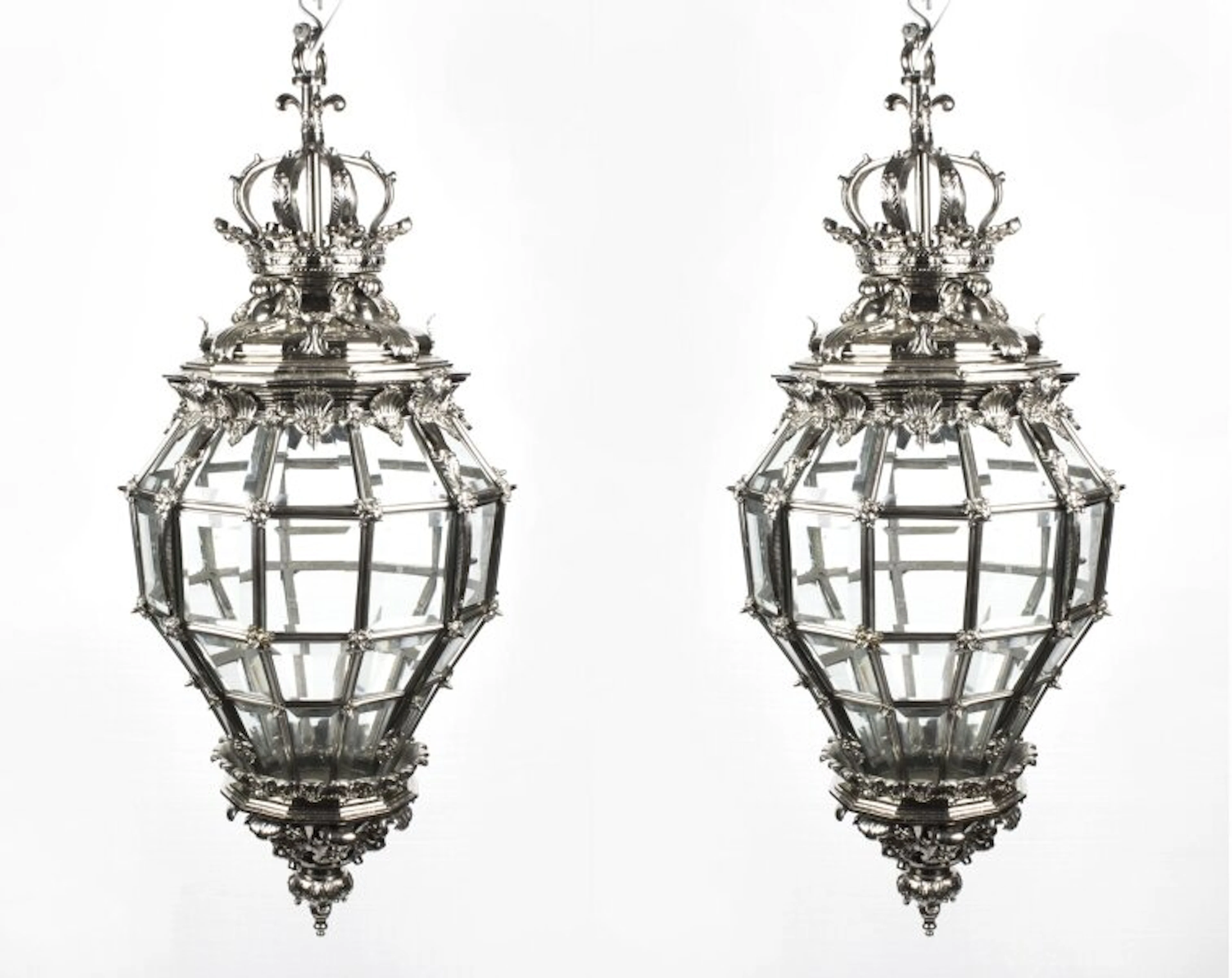 Vintage Pair Versailles Silver Bronze Diamond Baluster Lanterns 20th C