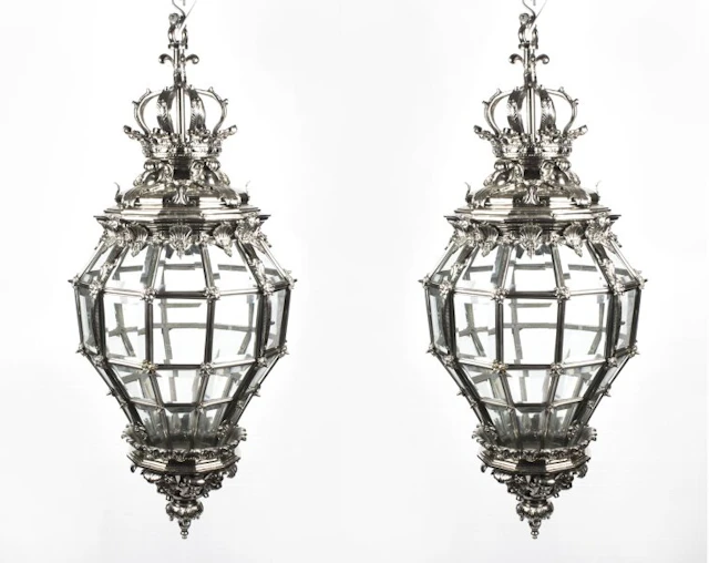 Vintage Pair Versailles Silver Bronze Diamond Baluster Lanterns 20th C