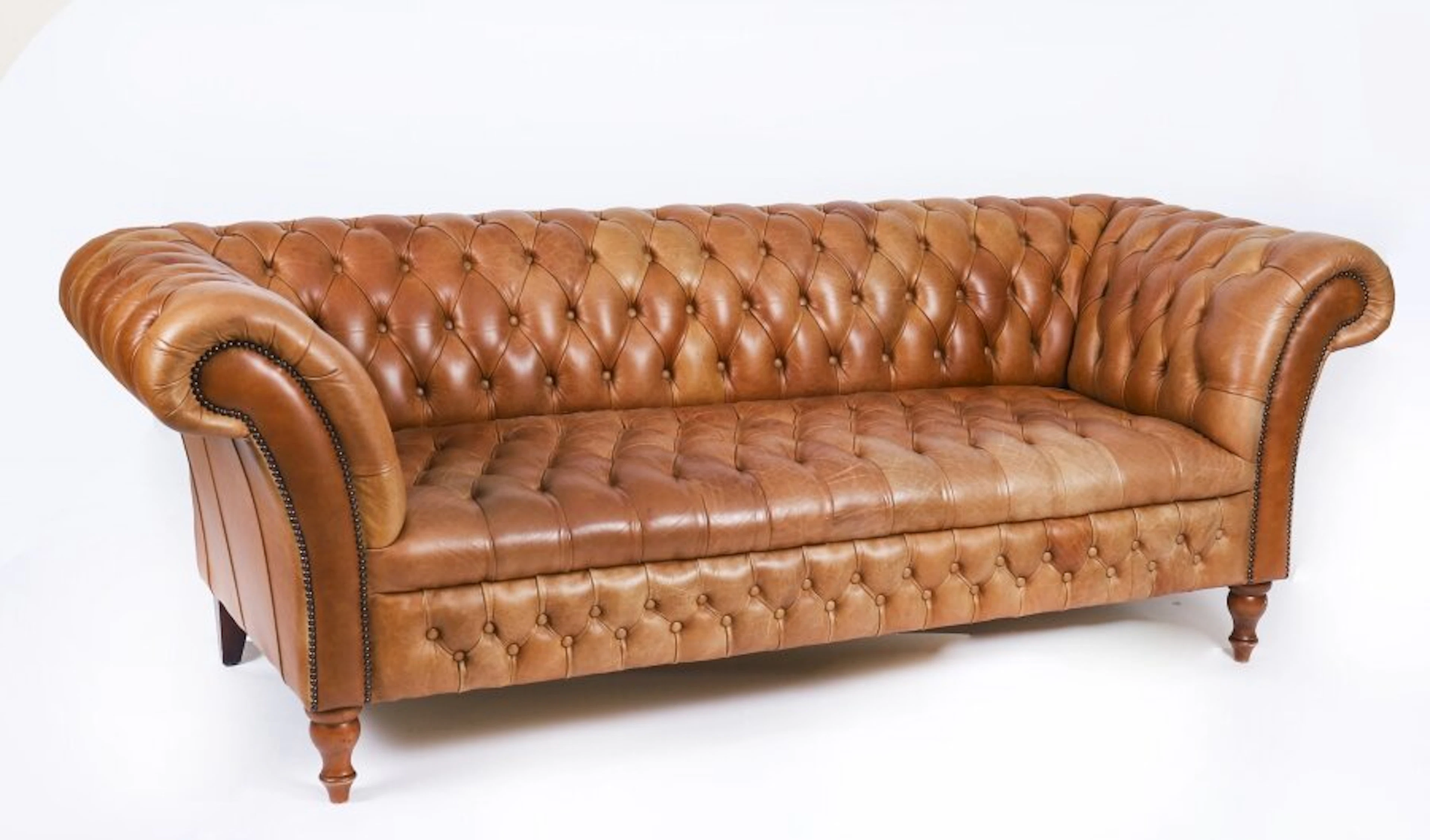 Vintage English Button Back Leather Chesterfield Sofa Mid 20th Century