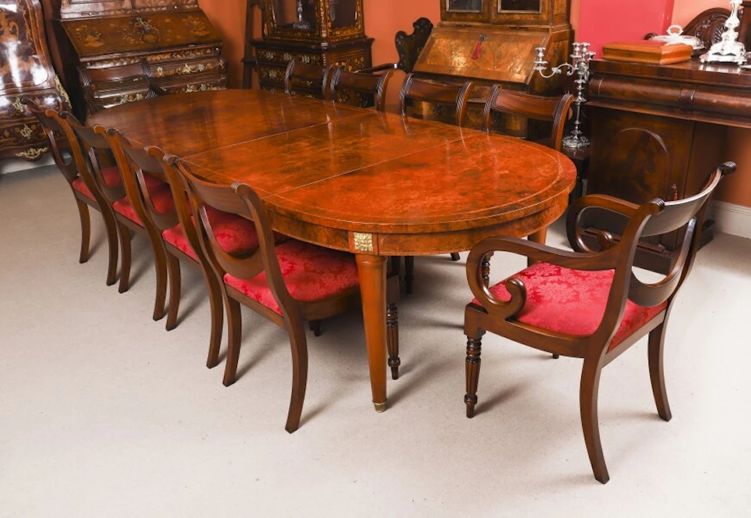 Vintage French Empire Revival Burr Walnut Dining Table & 10 Chairs 20th Century