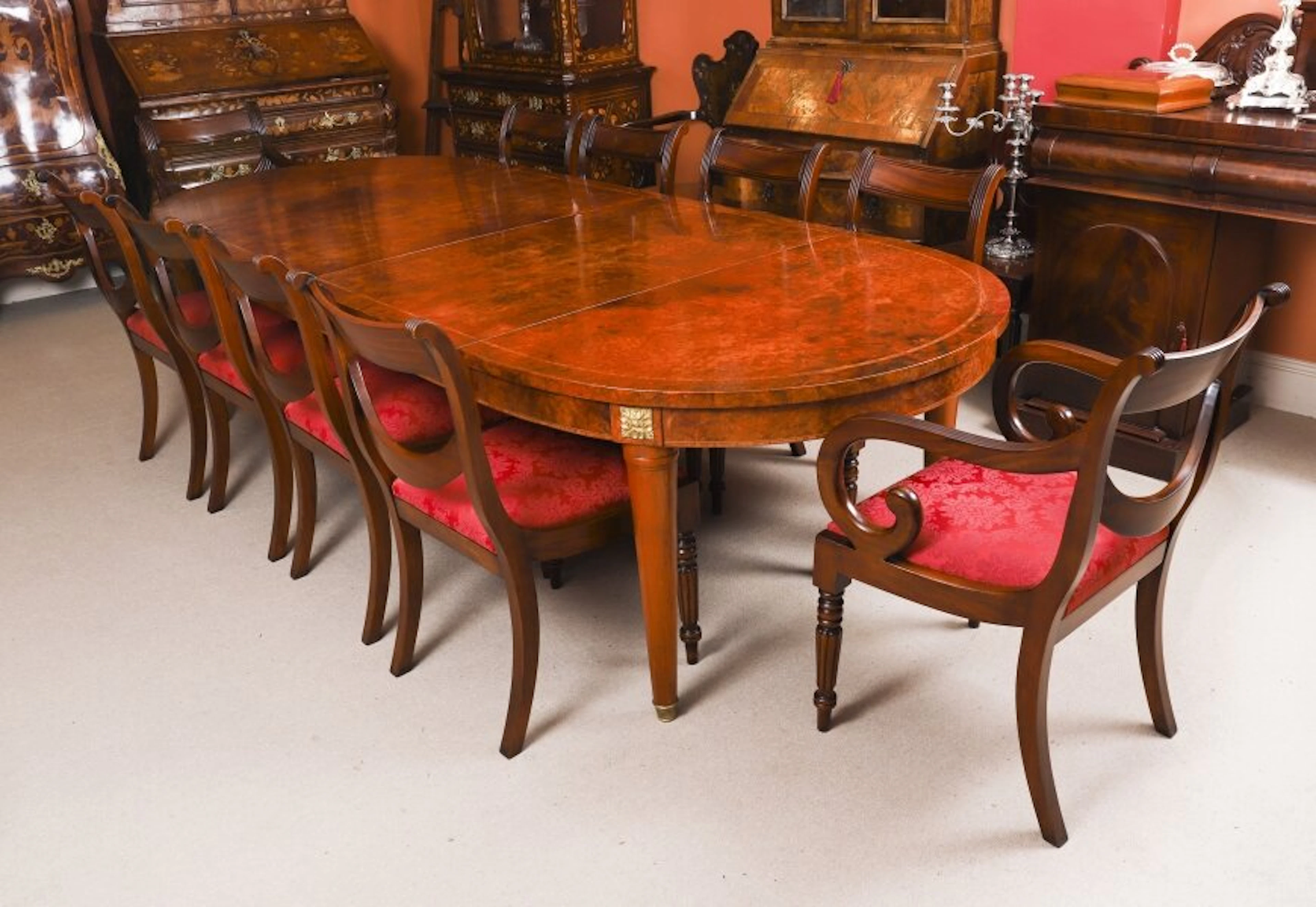 Vintage French Empire Revival Burr Walnut Dining Table & 10 Chairs 20th Century