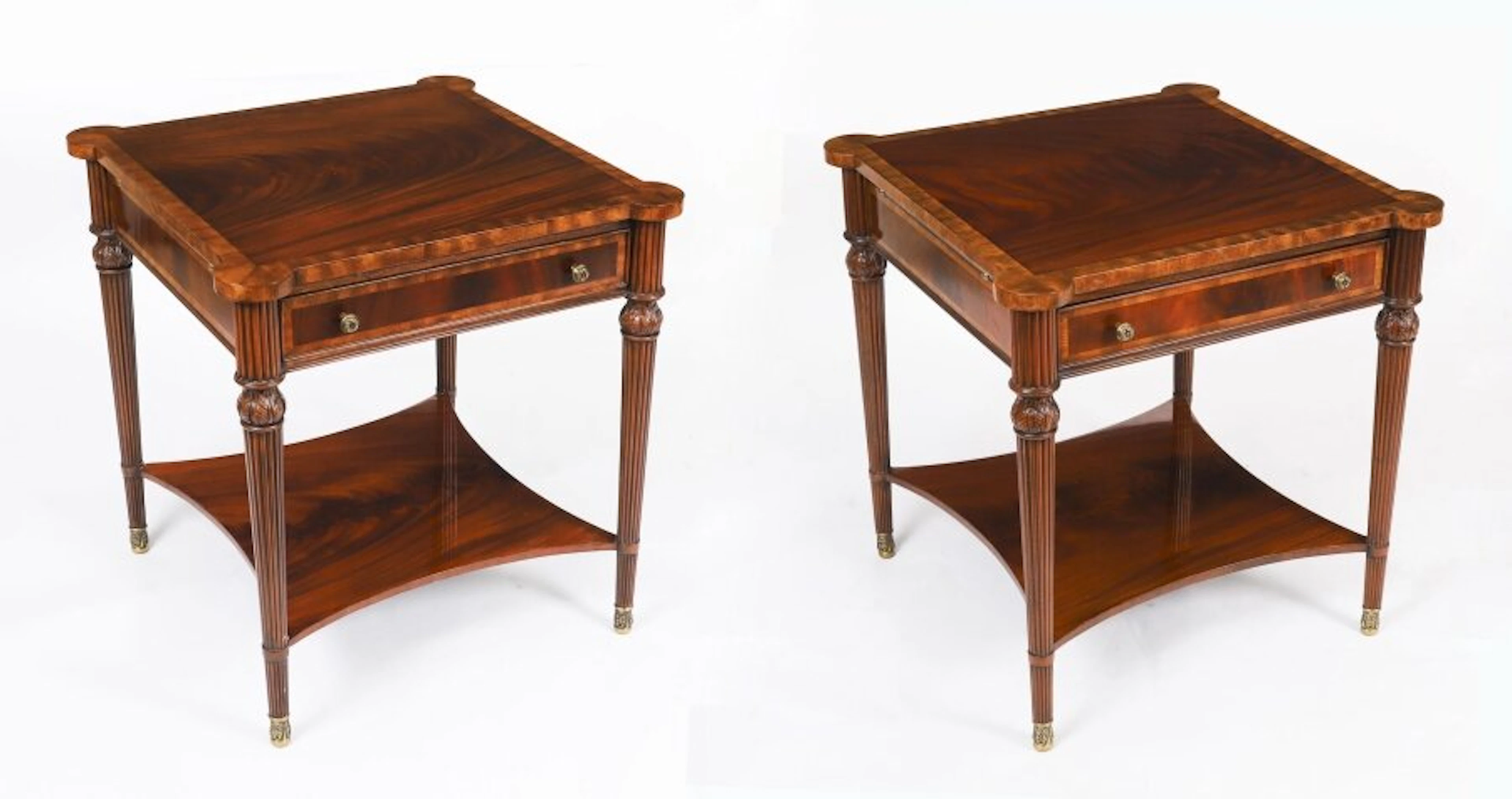 Vintage Pair Flame Mahogany Occasional Tables with Slides & Drawers 20th C