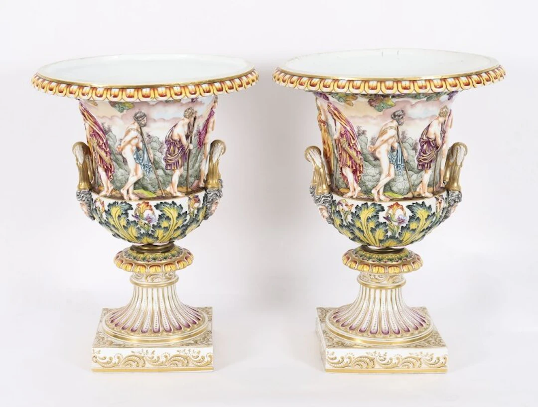 Antique Pair Large Italian Naples Capodimonte Urns / Vases 19th C