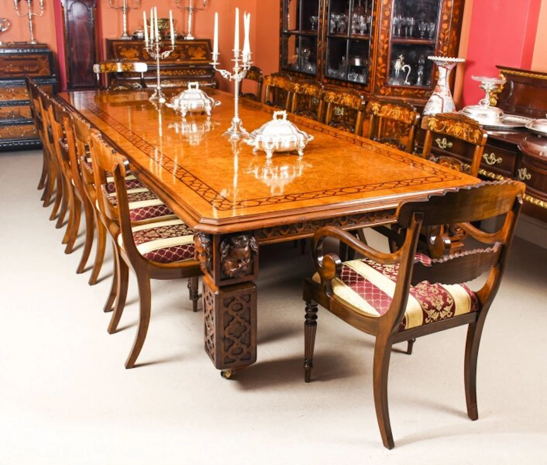 Antique 12ft Elizabethan Revival Pollard Oak Dining Table 19th C and 14 chairs