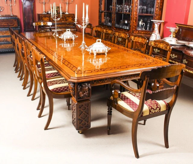 Antique 12ft Elizabethan Revival Pollard Oak Dining Table 19th C and 14 chairs