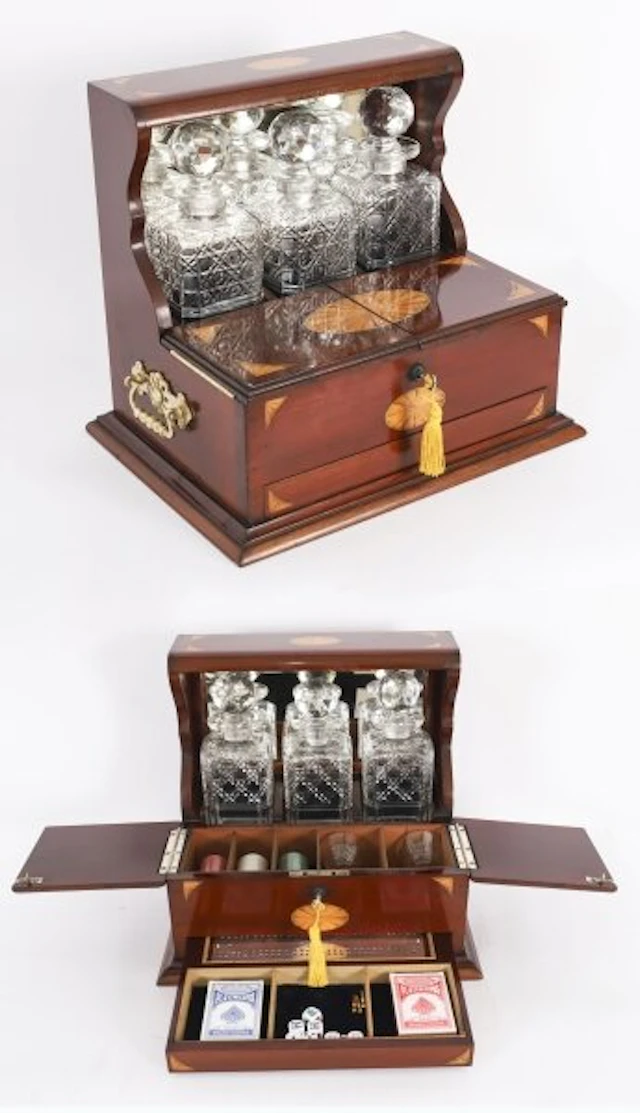 Antique Satin Wood Inlaid Three Cut Crystal Decanter Tantalus & Games 19th C