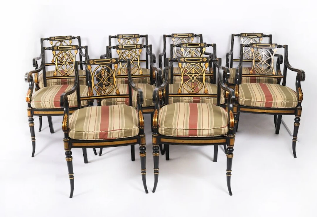 Antique Set 10 English Regency Revival Pierced Splat Back Dining Chairs 20th C