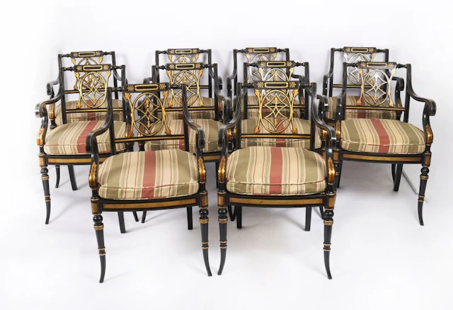 Antique Set 10 English Regency Revival Pierced Splat Back Dining Chairs 20th C