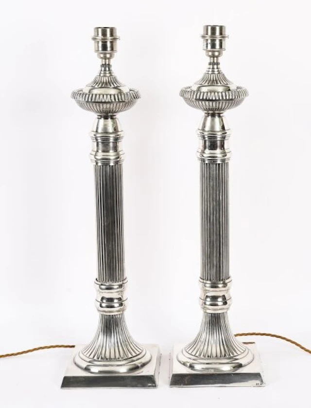 Antique Monumental Pair Silver Plated Art Deco Table Lamps 20th C