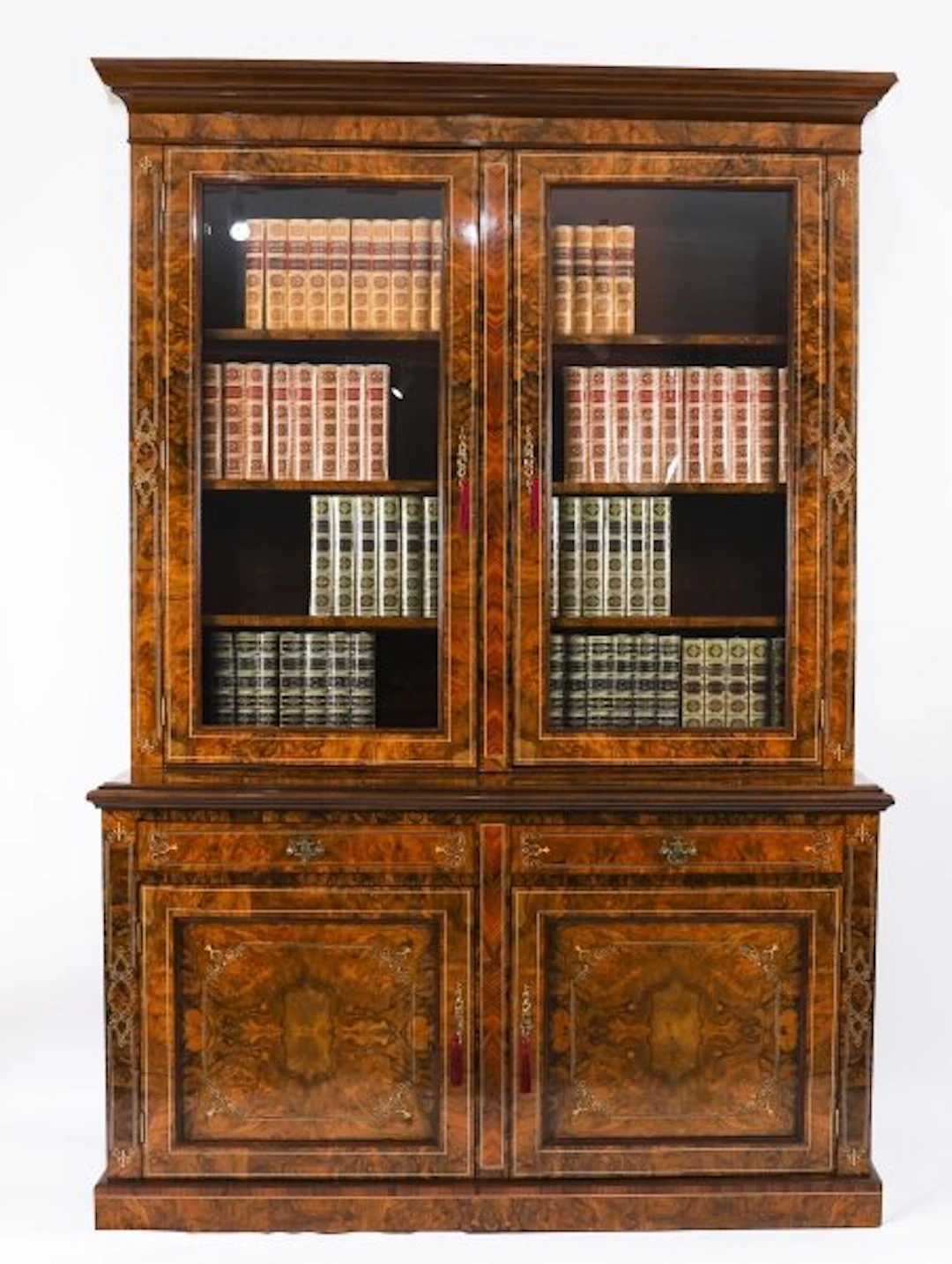 Antique Victorian Burr Walnut & Inlaid Bookcase Display Cabinet 19th C