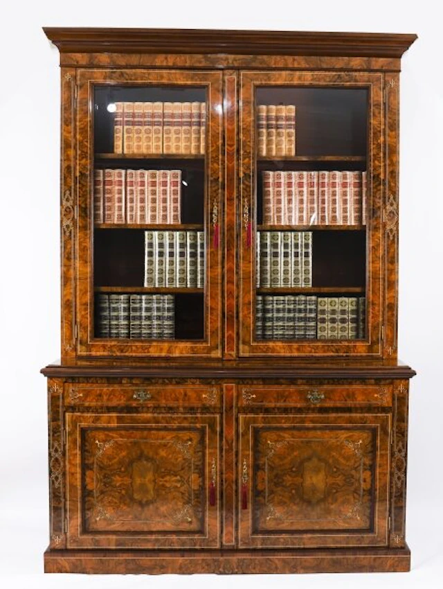 Antique Victorian Burr Walnut & Inlaid Bookcase Display Cabinet 19th C