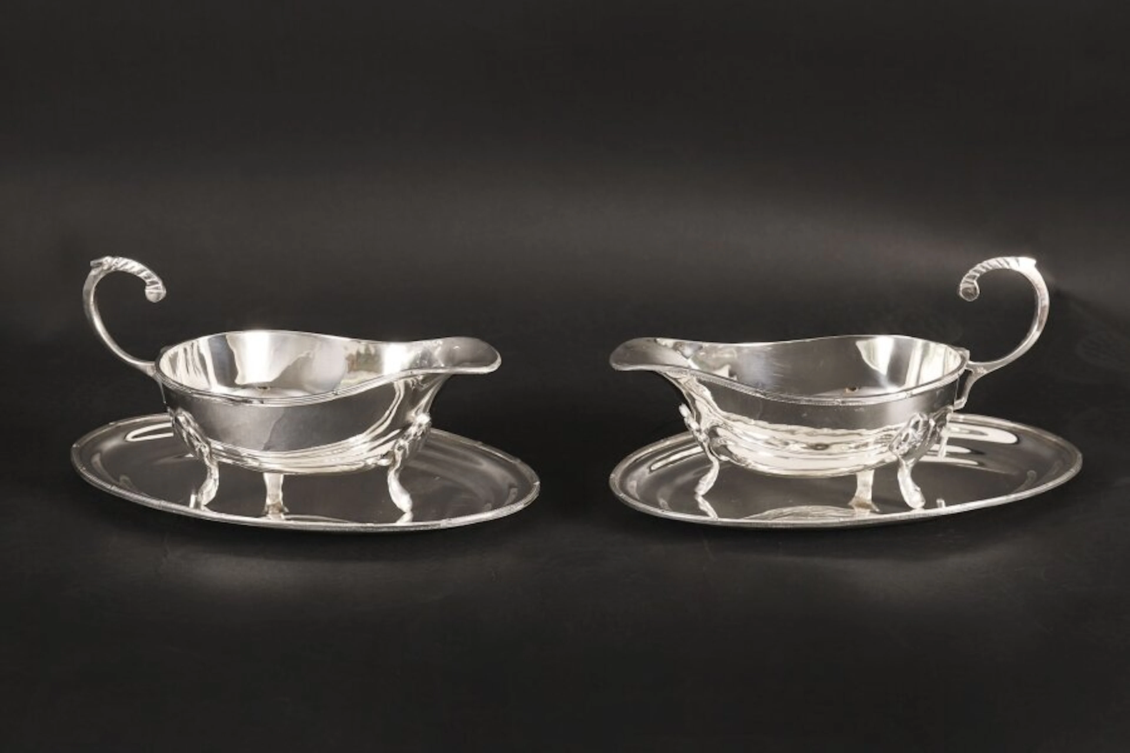 Antique Pair English Silver Plated Sauce Boats on Stands Circa 1910