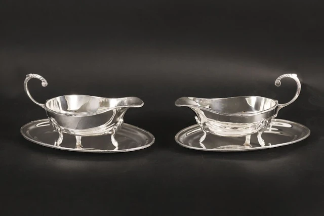 Antique Pair English Silver Plated Sauce Boats on Stands Circa 1910