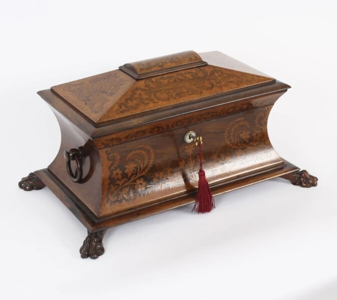 Antique George IV Gonçalo Alves & Amboyna Marquetry Tea Caddy C1825 19th C