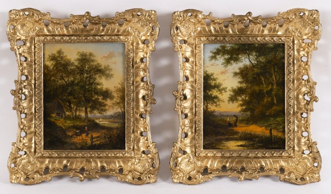 Antique Pair Dutch Forest Scene Oil Paintings by Jan Evert Morel 18th Century