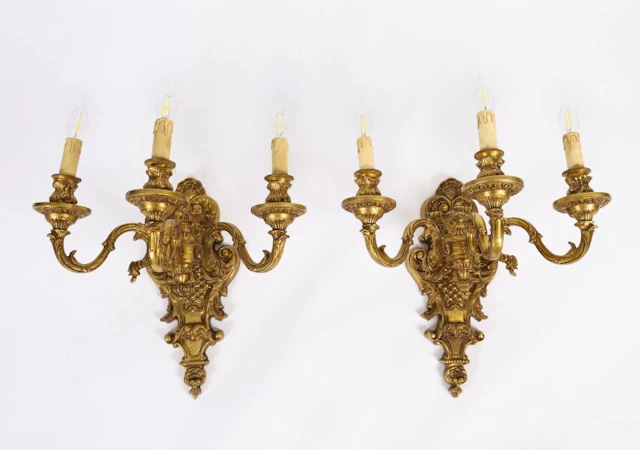 Antique Pair French Gilt Bronze Ormolu Wall Lights Appliques Circa 1900