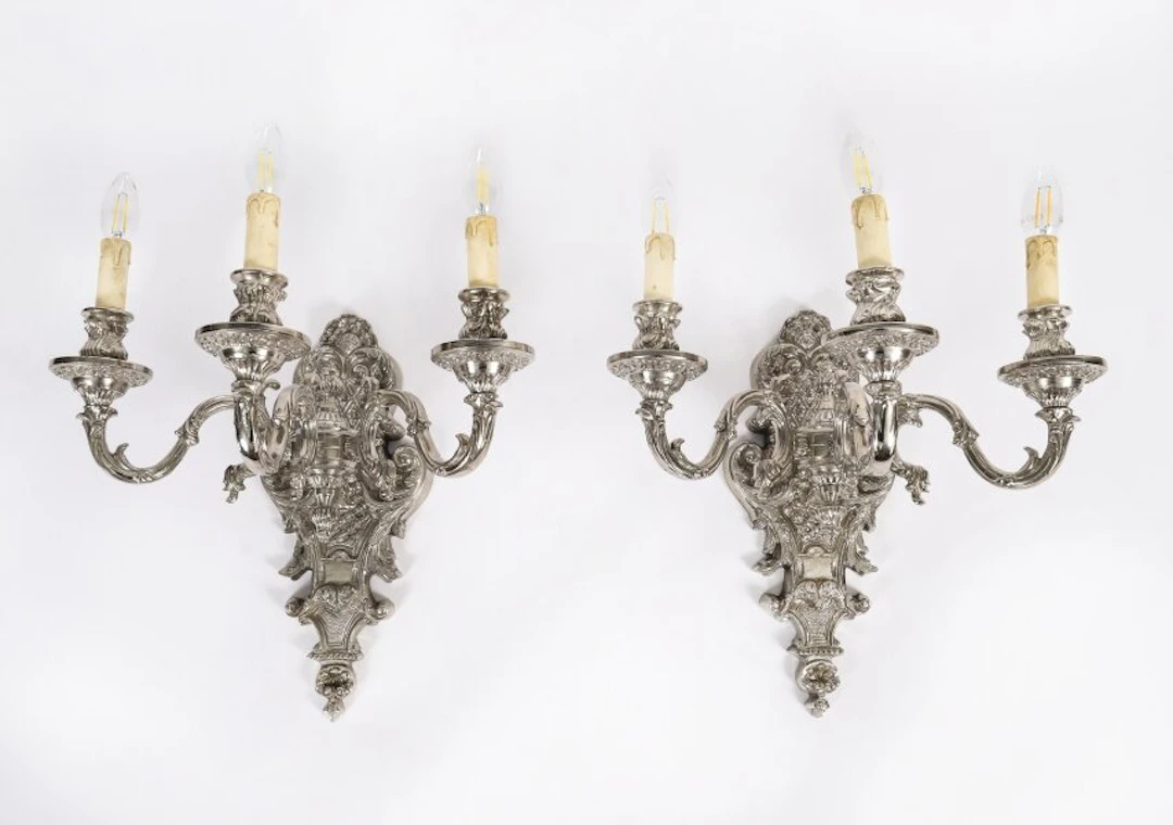 Antique Pair French Silver Plated Wall Lights Appliques Circa 1900
