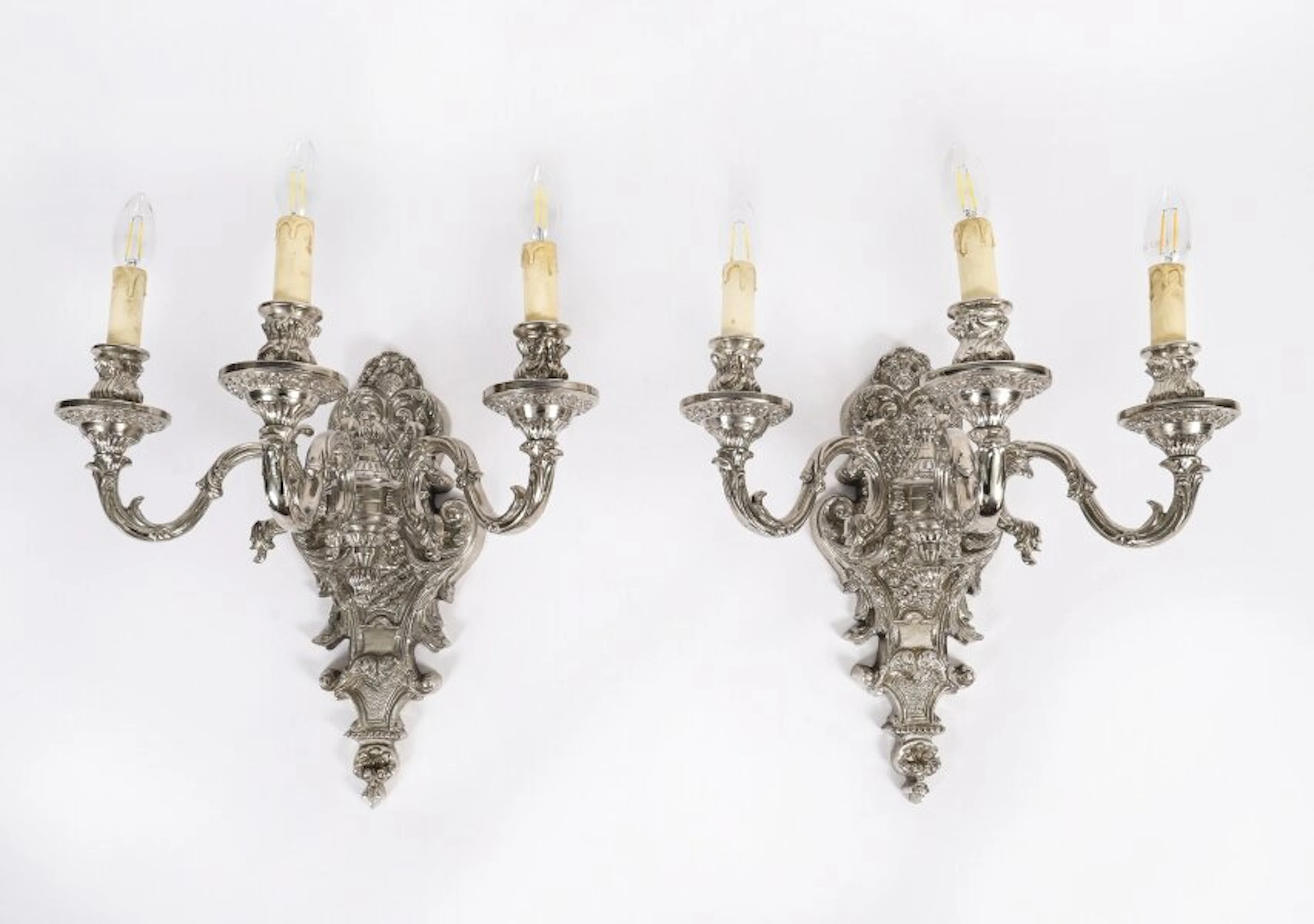 Antique Pair French Silver Plated Wall Lights Appliques Circa 1900