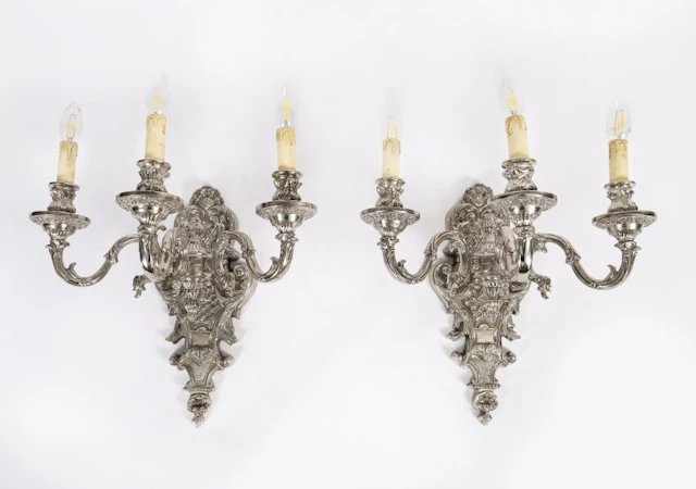 Antique Pair French Silver Plated Wall Lights Appliques Circa 1900