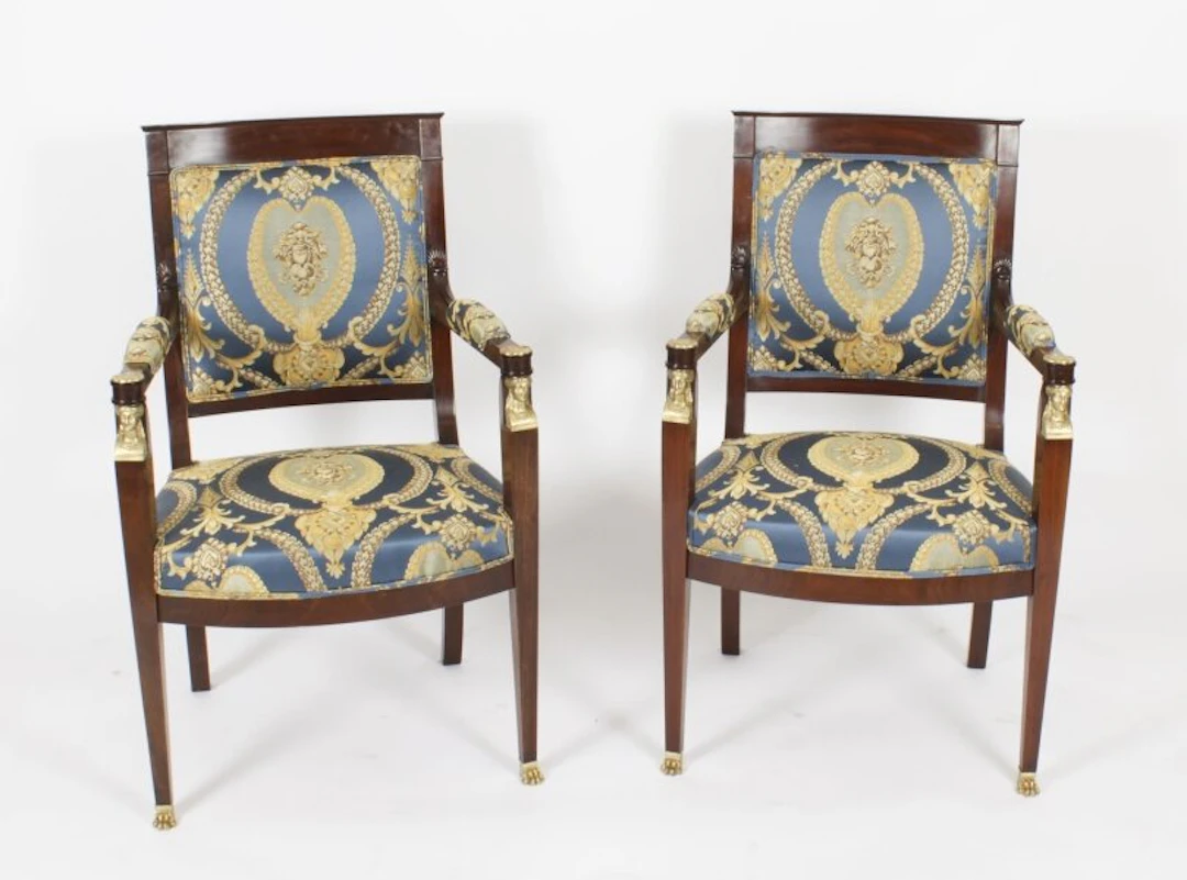 Antique Pair French Empire Revival Ormolu Mounted Armchairs C1870 19th C